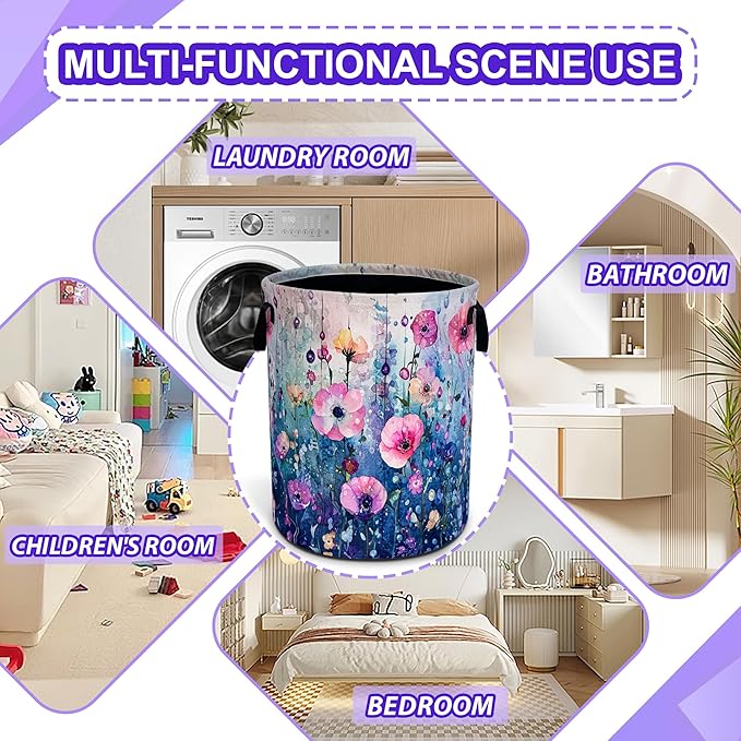 Colorful Flowers Laundry Basket Floral Art Oxford Cloth Laundry Hamper Funny With Handle Foldable Portable Clothes Storage Basket 18.9 X 16.5 Storage Bag For Laundry Room/Bathroom/Bedroom/Dormitories