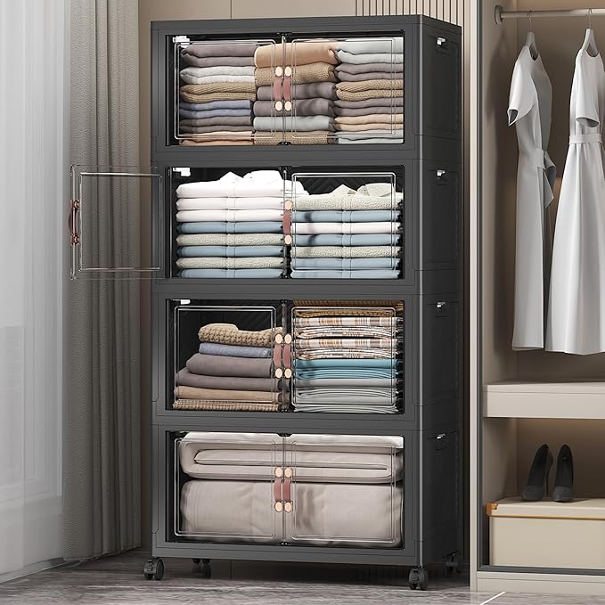 Extra Large Stackable Storage Bins with Lids & Wheels & Door, 448QT-112QT/28GAL*4Pack Foldable Collapsible Closet Organizers, Plastic containers drawers for bedroom Dorm