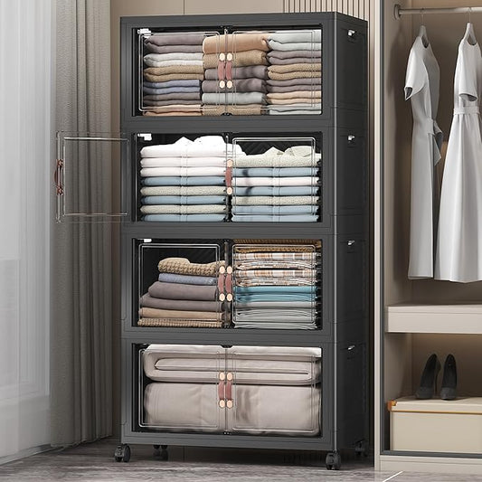 Extra Large Stackable Storage Bins with Lids & Wheels & Door, 448QT-112QT/28GAL*4Pack Foldable Collapsible Closet Organizers, Plastic containers drawers for bedroom Dorm