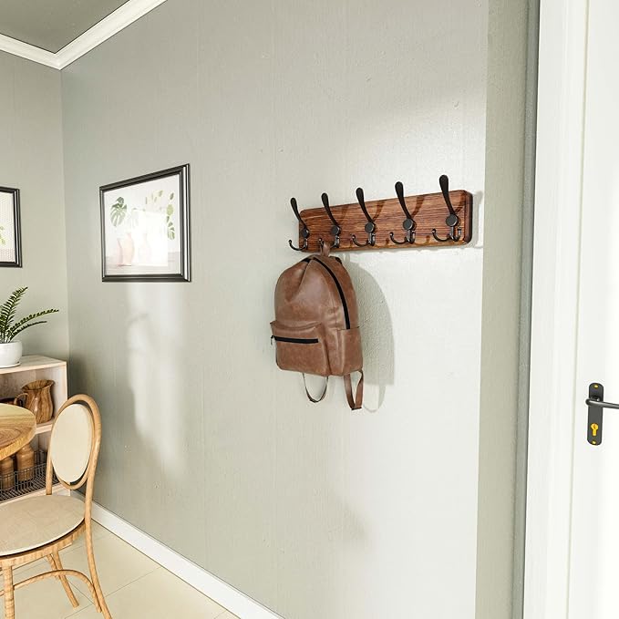 SKOLOO Rustic Wall Mounted Coat Rack: 16" Hole to Hole, Pine Real Wood Plank Wall Coat Rack with 5 Triple Hooks, Farmhouse Coat Hanger Wall Mount for Hanging Backpack Jacket Coat Hat,Pack of 2