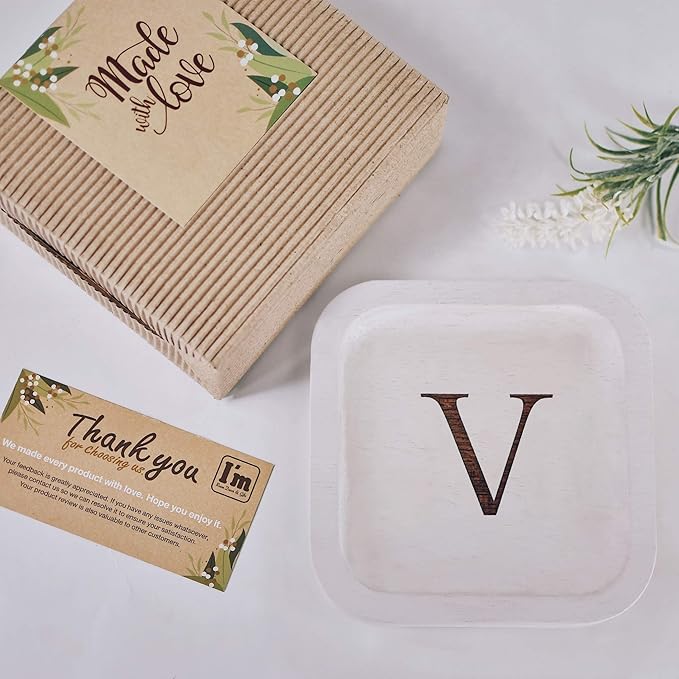 I'm Wooden Personalized Letter Catchall Valet Tray Trinket Dish Jewelry Tray Key Bowl Decorative Plate Organizing Ring Earrings Necklaces Bracelet Watch Coins Wallet Holder (6"x6" Sq White V)