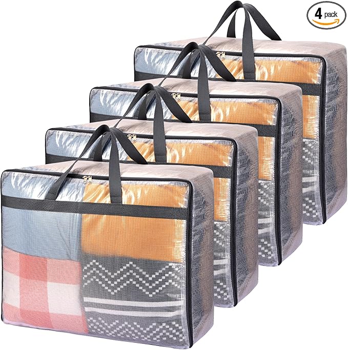 Fixwal 4 Pack 75L Extra Large XL Clear Storage Bags With Zipper for Blankets, Quilts, Clothes, Comforter, Bedding and Pillows