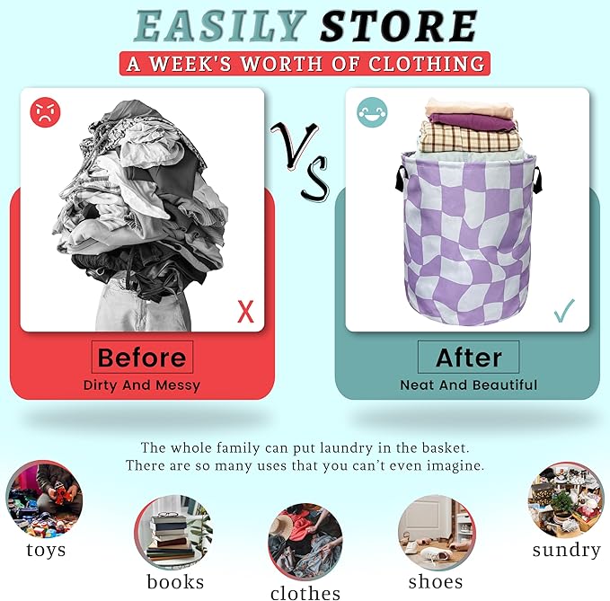 Funny Purple Checkerboard Laundry Basket With Handles Oxford Cloth Tote Bag Colorful Laundry Hamper 18.9" x 16.5 "Foldable Clothes Storage Bucket Toy Organizer For Bathroom/Laundry/Bedroom