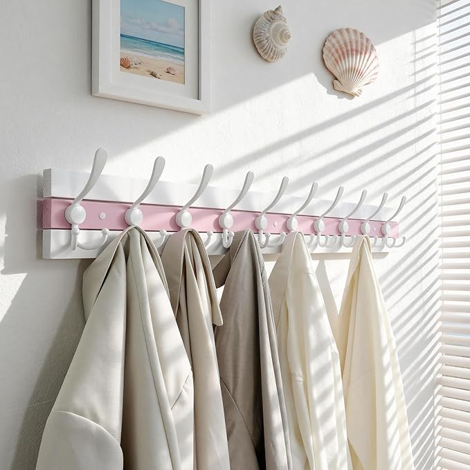SKOLOO Coastal Wall Mounted Coat Rack - 38-1/8" Beach House Entryway Wooden Coat Hook with 10 Hooks for Hanging Coats, Hats or Towels, Oceanfront Cottage Core Collection, White & Palm Beach Pink