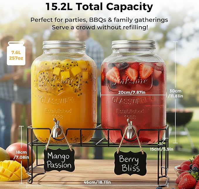 DD&HAPP 2 Gallon Glass Drinks For Parties With Stand.Stainless Steel Spigots & Metal Stand,Large Capacity Beverage Dispenser for Party,Infused Water,Iced Tea,Lemonade,Outdoor,Commercial Use.