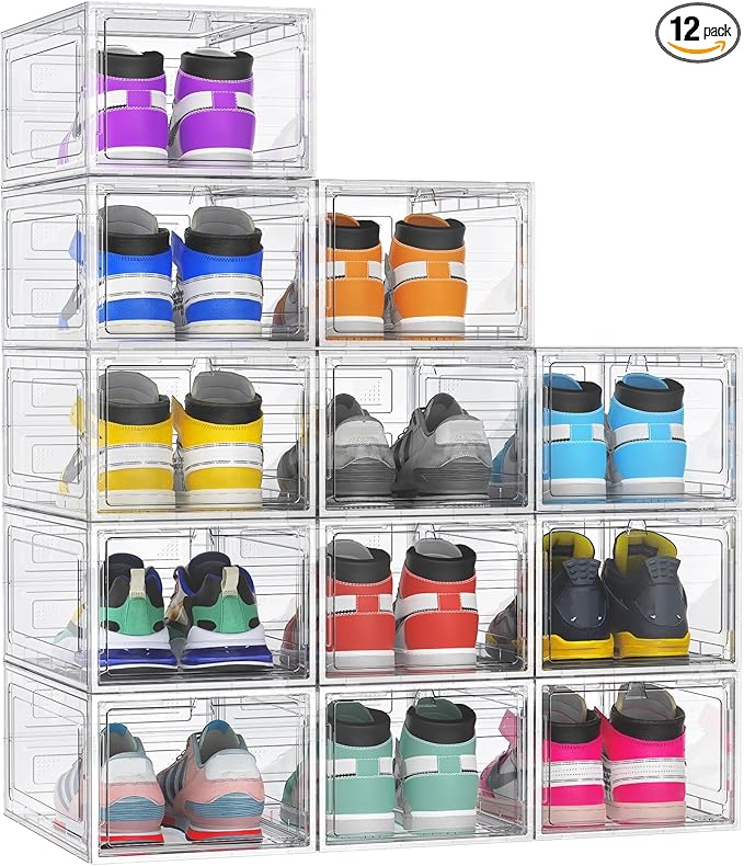 12 Pack Hard Sturdy Thickened Rigid XX Large Shoe Storage Organizer for Closet, Clear Stackable Sneaker Shoe Boxes Rack Containers Display Case Bins with Lids, White