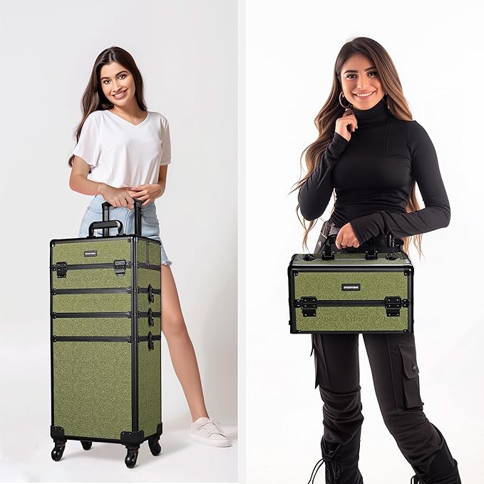 BYOOTIQUE Cosmetology Cases on Wheels Rolling Makeup Organizer Cart 3-Piece Professional Nail Tech Storage Kit for Nail Artist Barber Salon Hairstylist,Rococo Moss
