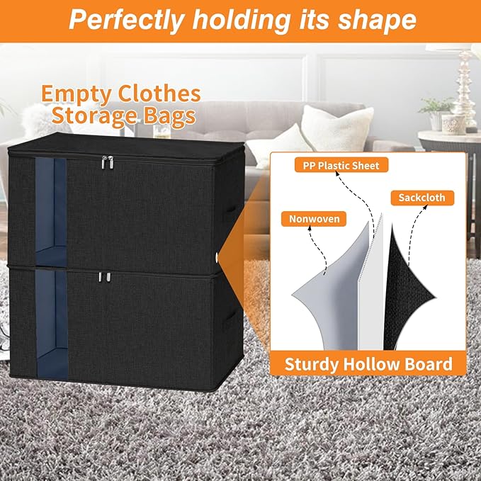 punemi 2 Pack Clothes Storage, Sturdy Blanket Storage Bags with Side Bottom Support, Storage Containers for Organizing Bedroom Closet Clothing Comforter, Organization and Storage W/Lids Handle,Black