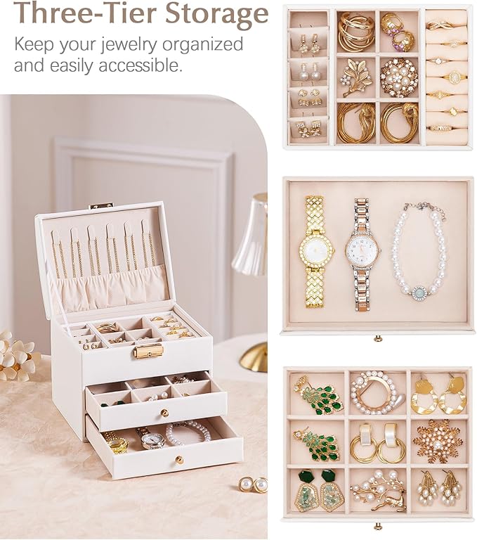 Homde Women Jewelry Box with Lock: 3 Layers Modern Organizer - White Storage for Ring Necklace Earring - Birthday Christmas Gifts for Girls