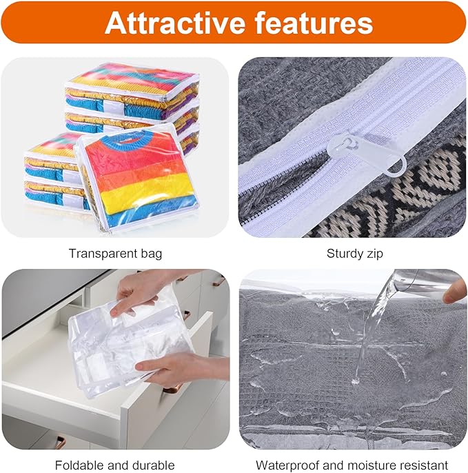 6 Packs Sweater Storage Bags, Clear PVC Sweater Storage Foldable Vinyl Zippered Organizer Plastic Bags for Clothes Blankets Sweater Quilt Clothes Pillow Bed Sheet (16 x 14 x 4 Inch)