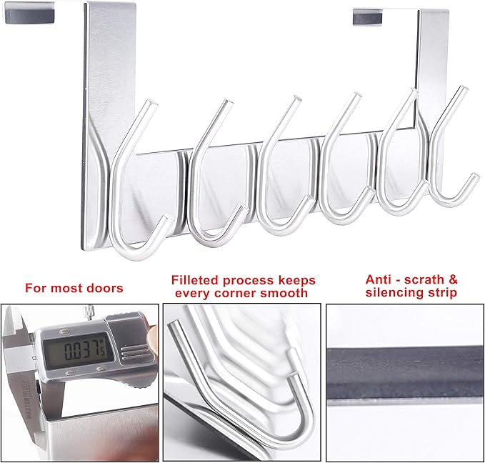 SKOLOO Over The Door Hook - 6 Hooks, No Assembly Required, Stainless Steel Door Hooks, Over Door Coat Rack for Hanging Coats Clothes Hats Robes, Silver, Pack of 2