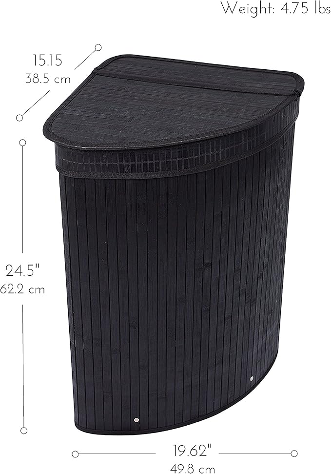 BirdRock Home Corner Laundry Hamper with Lid and Cloth Liner - Bamboo - Black - Easily Transport Laundry Basket - Collapsible Hamper - String Handles