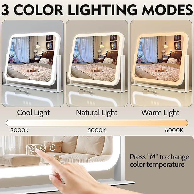 HNV Lighted Makeup Mirror, 17"x13" Hollywood Vanity Mirror with Lights, 10X Magnification, 3 Color Dimmable LED, Smart Touch Control, 360° Rotation Tabletop Mirror for Bedroom & Dressing Room (White)
