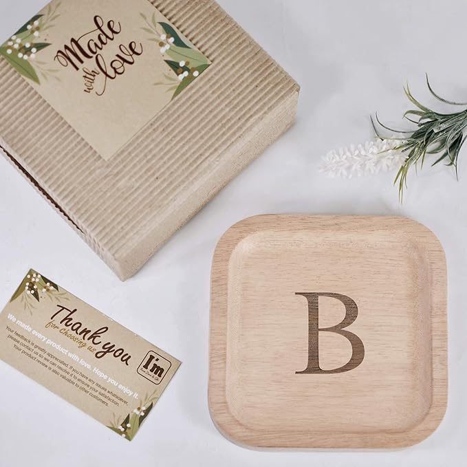 I'm Wooden Personalized Letter Catchall Valet Tray Trinket Dish Jewelry Tray Key Bowl Decorative Plate Organizing Ring Earrings Necklaces Bracelet Watch Coins Wallet Holder (6"x6" Sq Natural B)