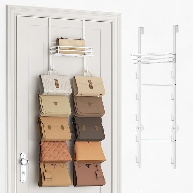 SWTYMIKI Over The Door Purse Organizer - Wall Mounted Handbag Organizer with 10 Hooks and Metal Basket, Hanging Purse Storage Rack Holds up to 10 Bags, Bag Rack Can Use As 1/2 Part, for Door, Closet