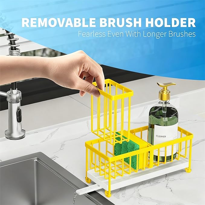 Cisily Sponge Holder for Kitchen Sink, Sink Caddy Organizer with High Brush Holder, Kitchen Countertop Organizers and Storage Essentials, Rustproof 304 Stainless Steel (Yellow, 9.25″)