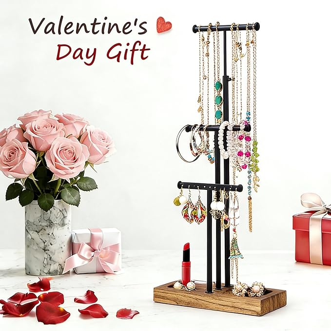 Love-KANKEI Jewelry Organizer Stand Metal & Wood Base and Large Storage Necklaces Bracelets Earrings Holder Organizer Gift Black and Carbonized Black