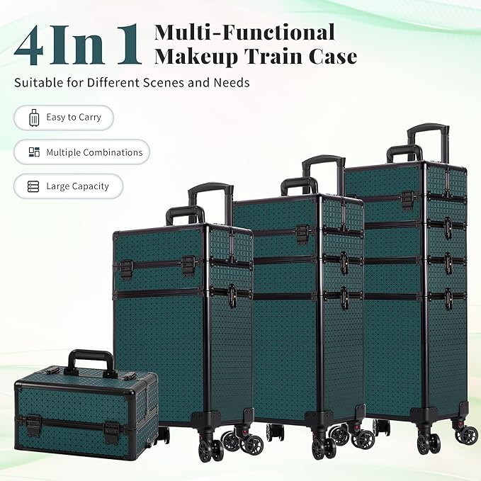 AROUS Rolling Makeup Train Case 4 in 1 Cosmetology Case on Wheels Large Storage Cosmetic Trolley with Key Salon Barber Case Traveling Cart Trunk, Green