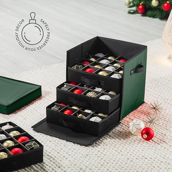 ZOBER Christmas Ornament Storage Box - Stores 64 3" Ornaments with Drawer Style Trays - Tear Proof 600D Oxford Fabric - Ornament Organizer Storage Box, Durable Christmas Containers Holder - Green