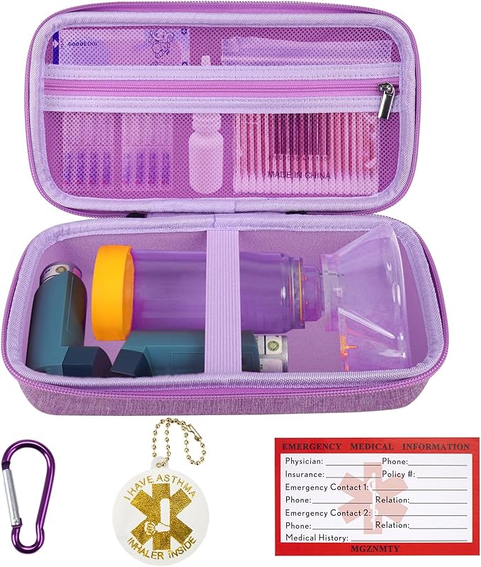 MGZNMTY Travel Carrying Case Compatible with Asthma Inhaler Spacer for Adults and Children, Masks, Inhaler Holder with Asthma Alert Tag and Medical Card, Carabiner (Only Case) (Purple)