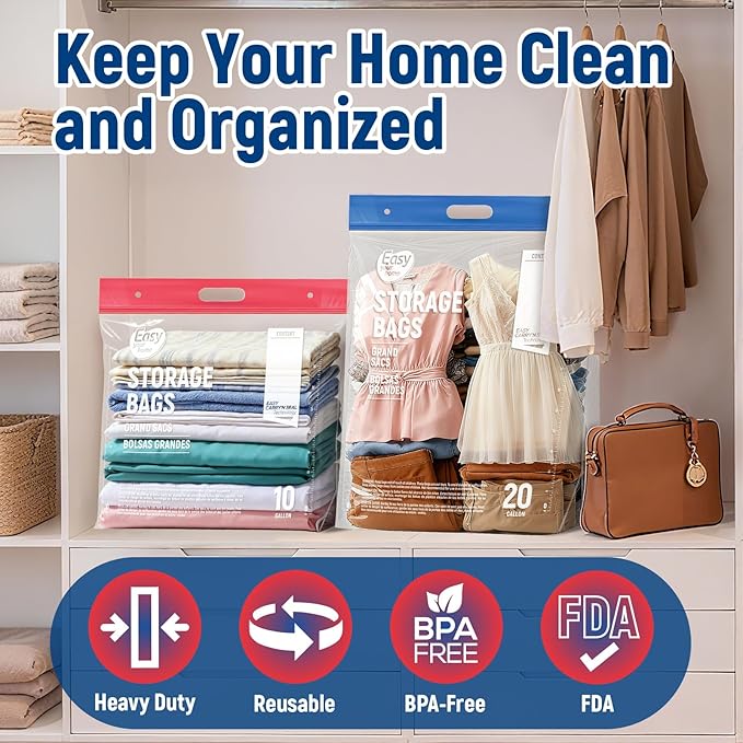 10PCS 20 Gallon Zipper Large Storage Bags with Handle and Bottom, Reusable Jamboo Plastic Duty Bags for Cloth Storage Travel Moving Outdoor Freezer,BPA-Free, 24"x31"+7", 3.15-Mil Thick