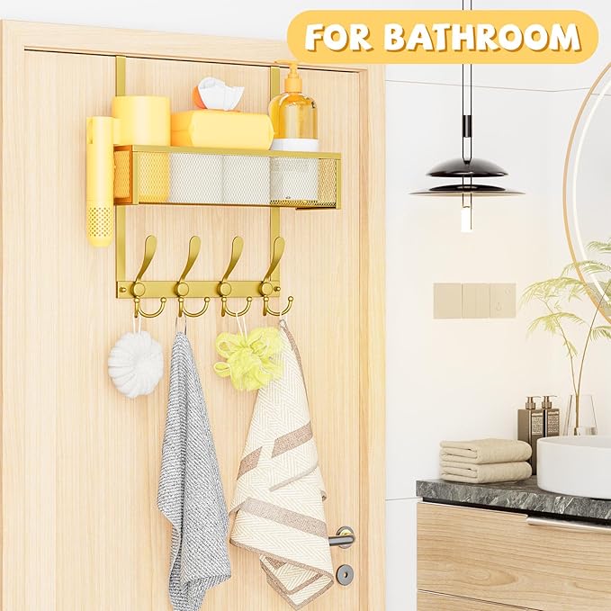 Over The Door Hooks Organizer,Over Door Hanger Towel Rack Mesh Basket with 12 Hooks,Back of Door Storage Organizer for Bedroom,Bathroom,Kitchen,Office(Gold)
