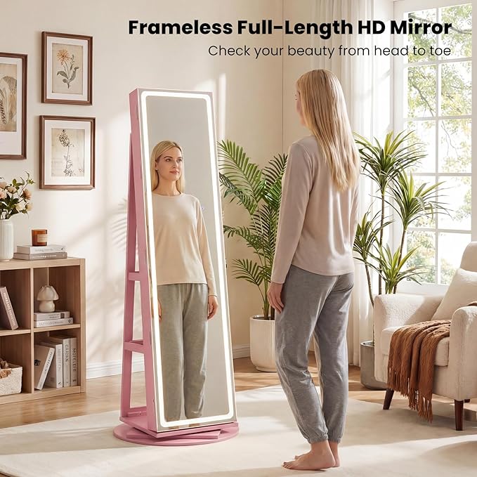 CHARMAID 360° Rotating Jewelry Armoire with LED Lighted Full Length Mirror & Built-in Vanity Mirror, Lockable Standing Jewelry Cabinet with Lights, Large Storage Organizer for Jewelry (Pink)