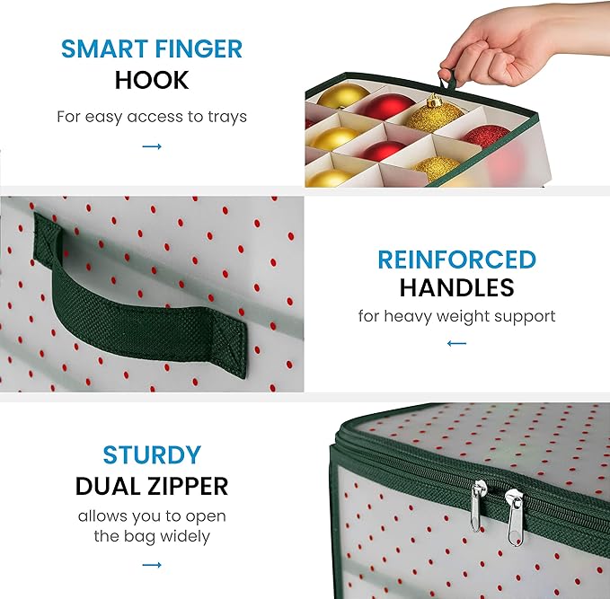 ZOBER Christmas Ornament Storage Box Plastic - Stores 64 3" Ornaments with Individual Trays - Ornament Organizer Storage Box, Durable Christmas Containers Holder - Green