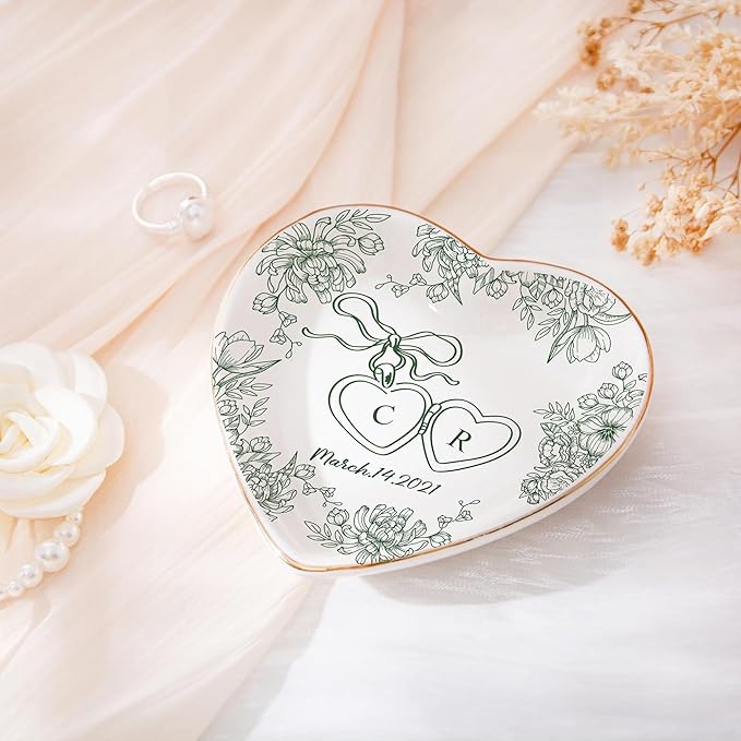 Chillever Custom Locked Ring Dish, Personalized Jewelry Holder, Toile De Jouy Trinket Tray, Engagement Gift for Her, Wedding Keepsake Jewelry Dish, Memorial Gifts, Custom Couple Keepsake 6