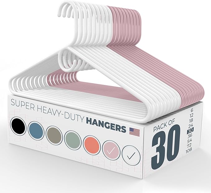 Neaties Super Heavy Duty Clothes Hangers 30 Pack – Made in The USA - 10lb Capacity, Thick Plastic Hangers for Pants, Coats, Jackets, Jeans and Adult Clothing – White & Pink