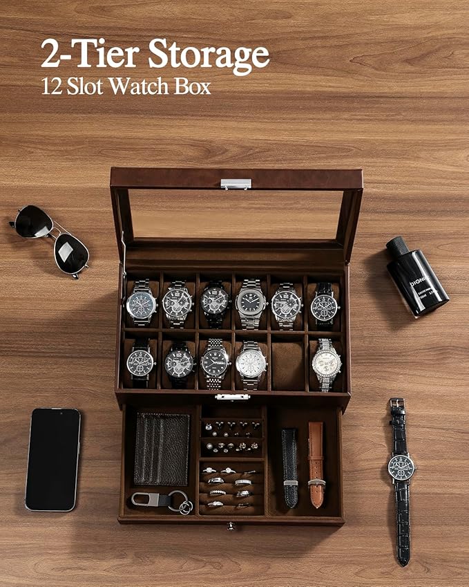 GUKA Watch Box, 12 Slot Watch Case, Watch Cases for men with Real Glass Lid, Synthetic Leather Watch Organizer storage with Jewelry Case, Birthday for Men and Women, Brown