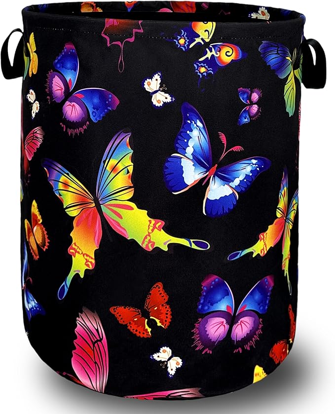 Colorful Butterfly Laundry Hamper Foldable With Handles Tote Bag Universal Oxford Cloth Butterflies Laundry Basket Clothes Toy Storage Bucket 18.9" x 16.5 "For Bathroom/Laundry/Bedroom