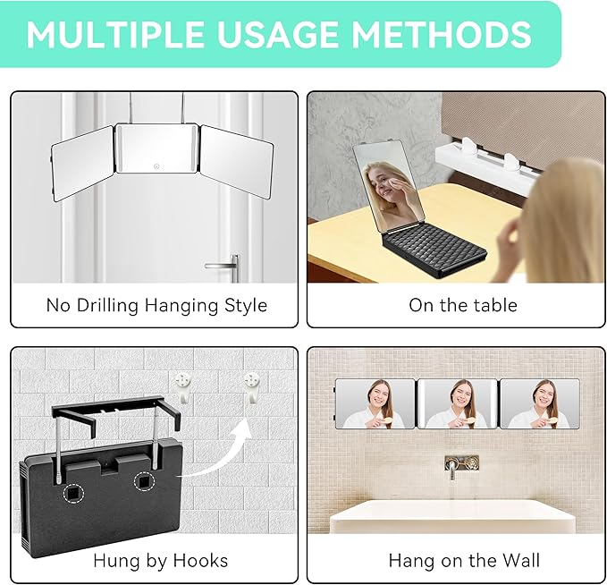 3 Way Mirror with LED Lights & 360° View,See Back of Head Trifold Barber Mirror for Self Haircut, Shaving & Braiding, Portable Travel Design with Hook for Home,Men & Women (Black)