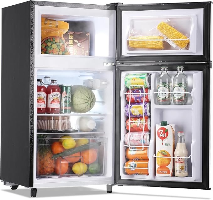 WANAI Mini Fridge with Freezer Two Doors Compact Refrigerator with 7 Setting Adjustable Thermostat Crisper Drawer & Removable Shelves Extra Drink Space Low Noise Freezer-on-Top Refrigerator, Silver
