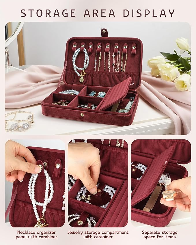 VELORIA Velvet Travel Jewelry Box Organizer, Jewelry Case with 8 Snap Clasps for Necklaces, Ring & Earring Storage, Compact Jewelry Organizer for Bracelets and Bangles, Dark Red