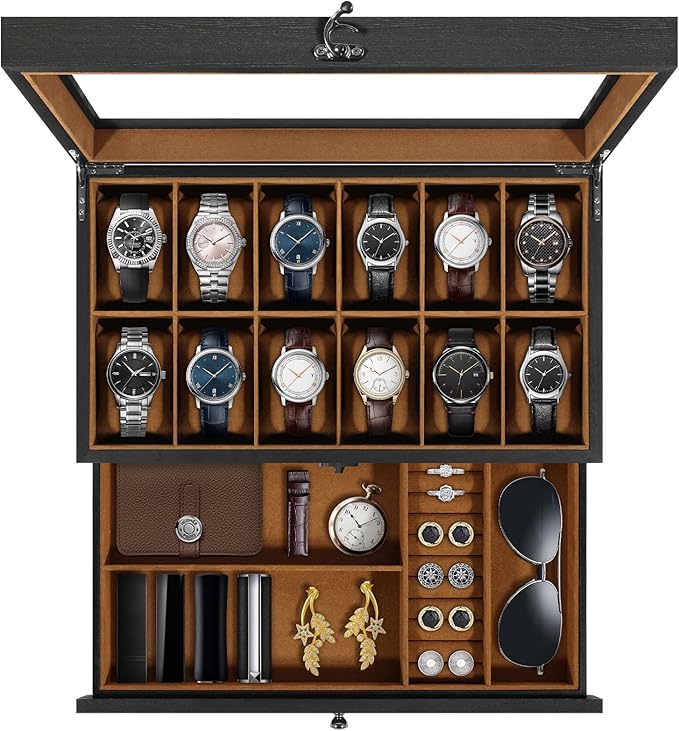 Uten 12-Slot Watch Box, 2-Layers Solid Wood Watch Display Case with Glass Lid, Watch Holder Organizer with Soft Pillow and Velvet Lining, Watch and Jewelry Storage Box