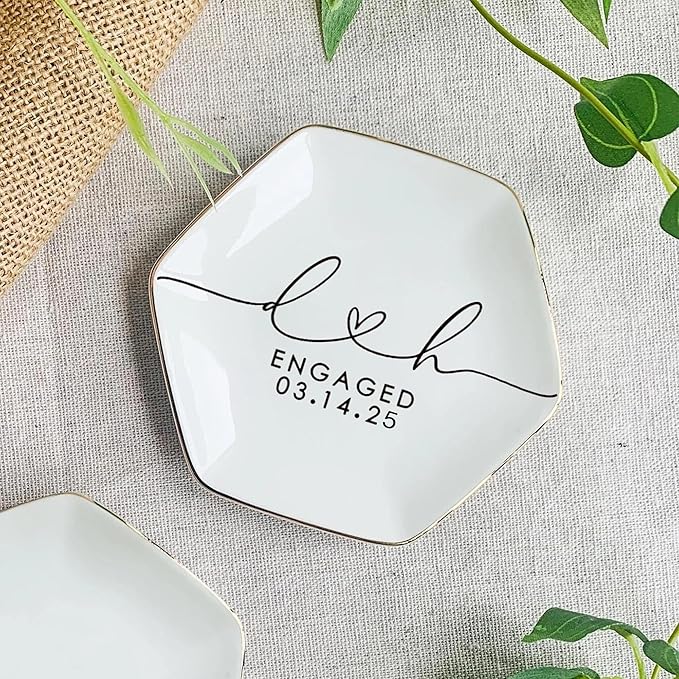 Custom Engagement Ring Holder Ring Dish, Custom Wedding Gifts for Couple, Bridal Shower Couple Jewelry Tray, Monogrammed Engagement Wedding Gifts for Bride 1