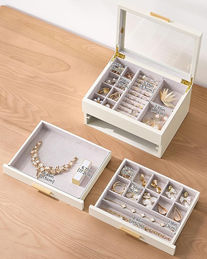 Lolalet Jewelry Box, Clear Window Wood Grain Jewelry Storage for Earrings Bracelets Necklaces Rings, High Capacity Organizer for Women -Beige, 3 Layers