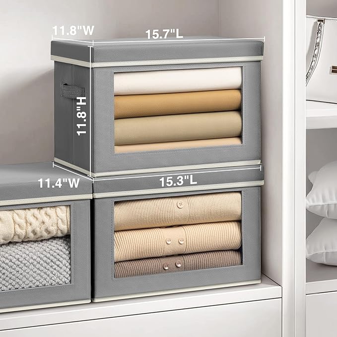 Storage Bins with Lids, 4 Pack Large Storage Cubes with Window, Closet Bins with Lids & Handles, Fabric Box for Organizing Clothes, Towels, Books, Grey