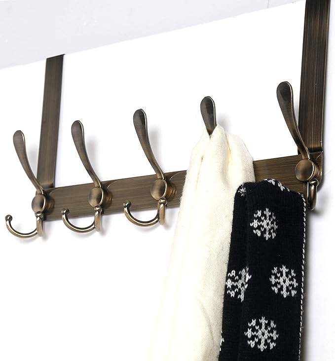 Dseap Over The Door Hook Hanger - Fits 1 3/8" to 1 3/4" Standard Doors | 5 Tri Hooks Heavy Duty Towel/Coat Rack | Door Organizer for Clothes, Jackets, Hats, Towels, Bronze
