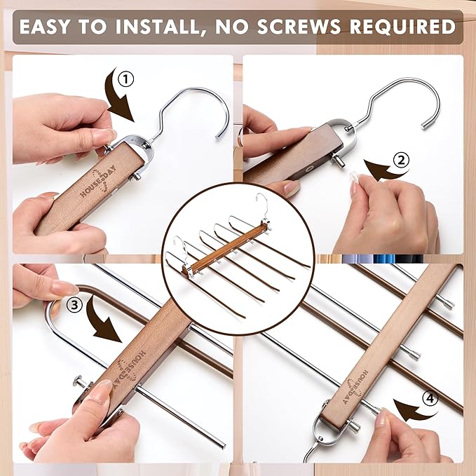 HOUSE DAY Pants Hangers Space Saving, Wood Jean Hangers for Closet, Non Slip Multi functional Pants Rack Hanger Multiuse Pant Organizer For Closet Space Saving Hangers for Pants, Scarfs (2PACK,Walnut)