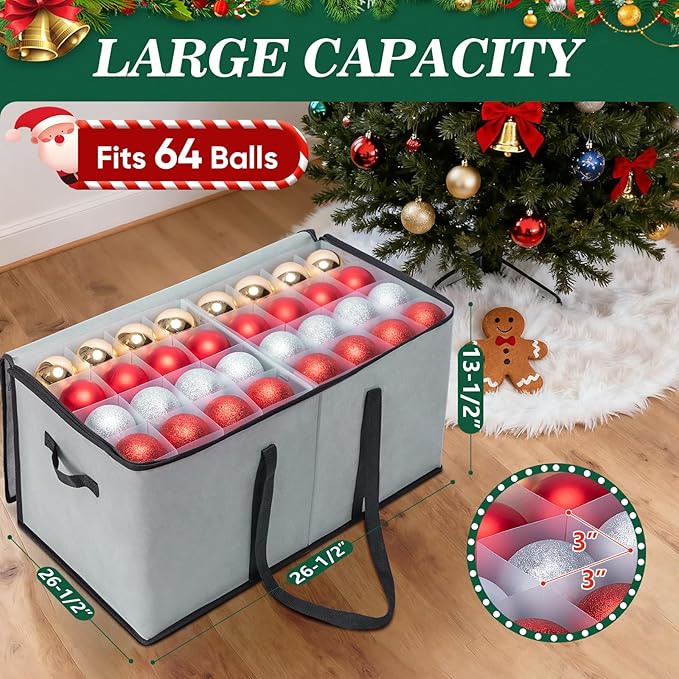 BALEINE Christmas Ornament Storage Box with Dividers, Premium Holiday Ornaments Storage Container Bin for Xmas Decorations (128 Ball, Green, Soft)