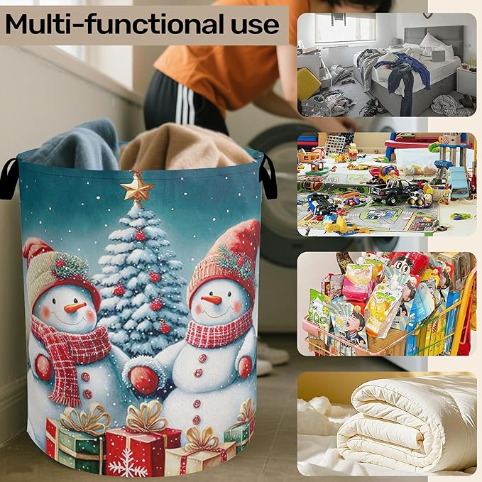 Cute Winter Snowman Laundry Basket - Heavy Duty 60L Dirty Clothes Organizer, Water Resistant Foldable Hamper for Men Women