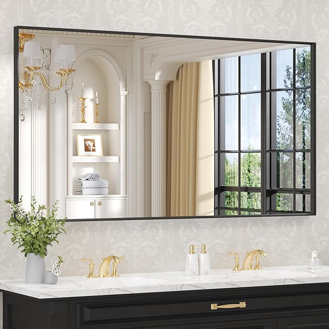LOAAO Black Bathroom Mirror 55"X36" for Wall, Rectangle Bathroom Vanity Mirror, Tempered Glass, Hangs Vertically or Horizontally, Easy to Install, Modern Design