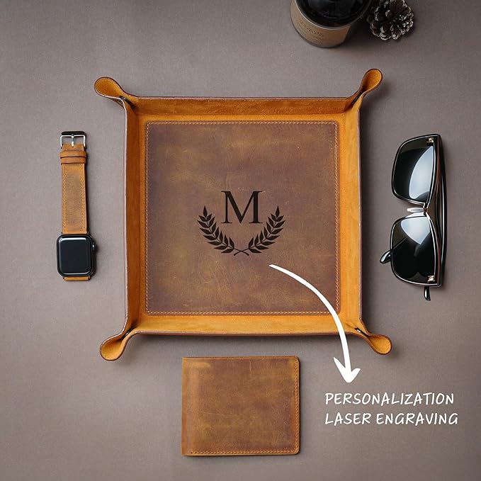 Handmade Leather Catch All Tray, Customizable Handcrafted Genuine Leather Valet Tray and Organizer for Keys, Phones, Jewels, Coins, Square - Small, Grey