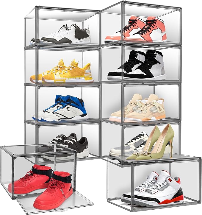 10 Pack Large Clear Shoe Box Shoe Storage Organizer with Magnetic Door Stackable Shoe Containers for Sneakers, High Heels, Sport Shoes, Size 13