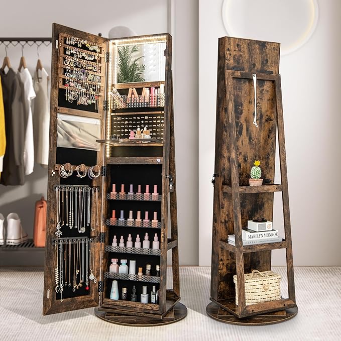 CHARMAID Swivel LED Mirror Jewelry Cabinet Armoire, Full Length Mirror with Storage, 3 Color & Adjustable Lights, Lockable Standing Jewelry Organizer with Lighted Mirror (Rustic Brown)