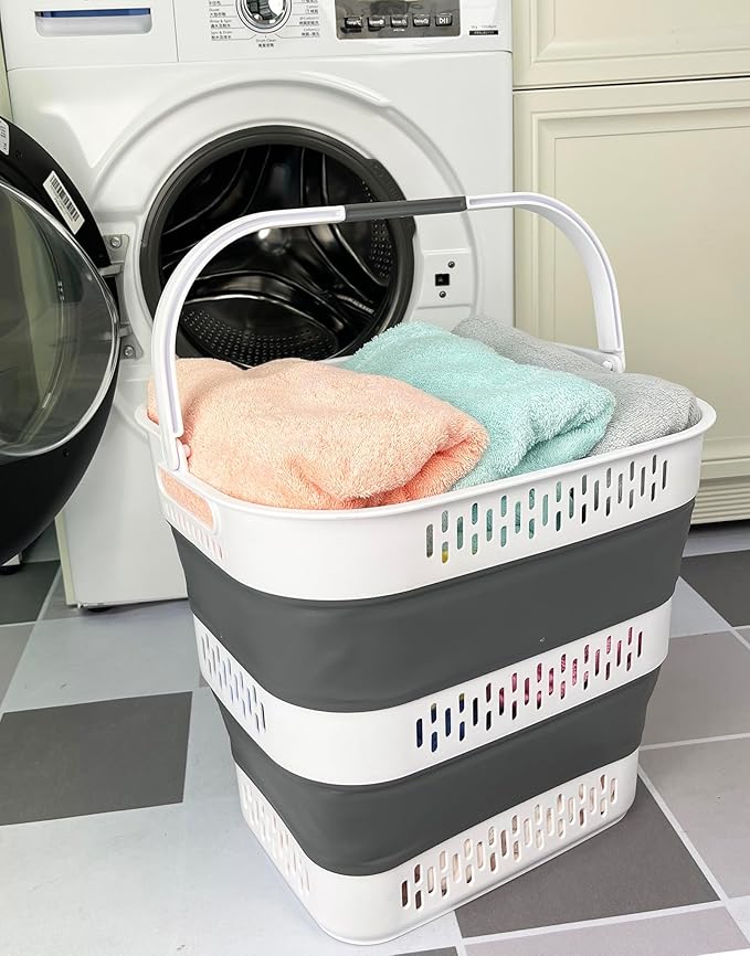 SAMMART 40L (10.5 Gallon) Collapsible Plastic Laundry Basket - Foldable Pop-Up Storage Container/Organizer – Portable Space Saving Laundry Hamper (1, White/Steel Grey)