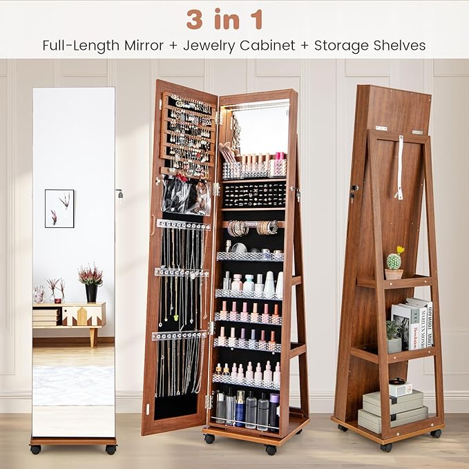 CHARMAID Jewelry Cabinet Armoire with Wheels, 64" H Full Length Mirror, 3-Color LED Lights, Height Adjustable Shelves, Lockable Standing Jewelry Organizer with Back Storage Shelves (Walnut)