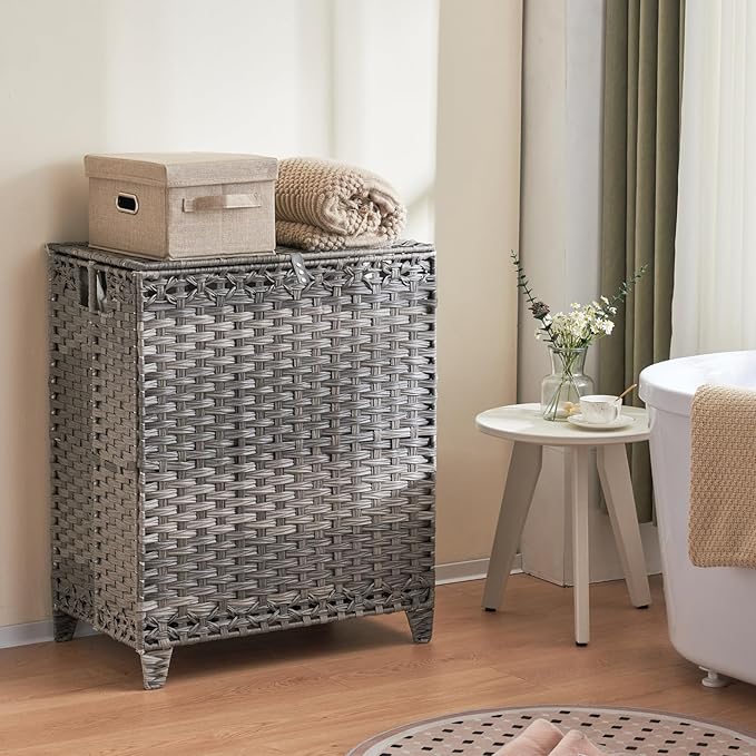 Laundry Hamper with Lid, 190L Large Laundry Basket 3 Section with 6 Removable Liner Bags & 3 Mesh Laundry Bags, Handwoven Rattan Clothes Hamper with Heightened Feet, No Install Needed, Grey